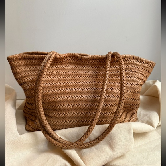 Handmade Handbags - Woven Genuine Leather Tote Bag Tan Minimalist Structured Leather Bag